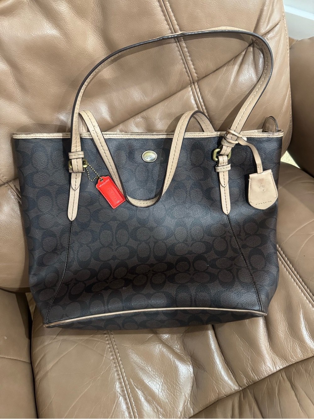 Coach Peyton Bag y2k Classic Brown Tote with Tan Trim and Red Tag look at pics